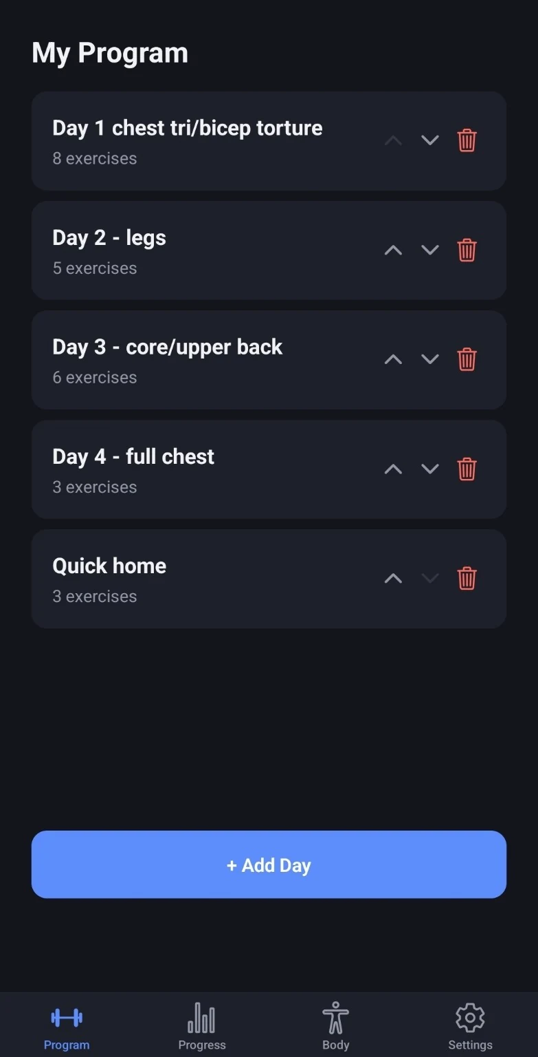Only Sets custom workout program screen