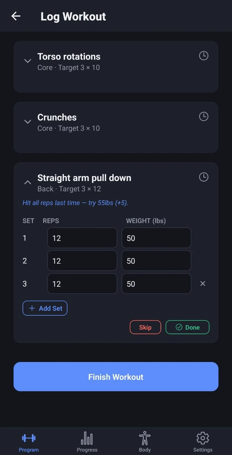 Only Sets workout logging screen